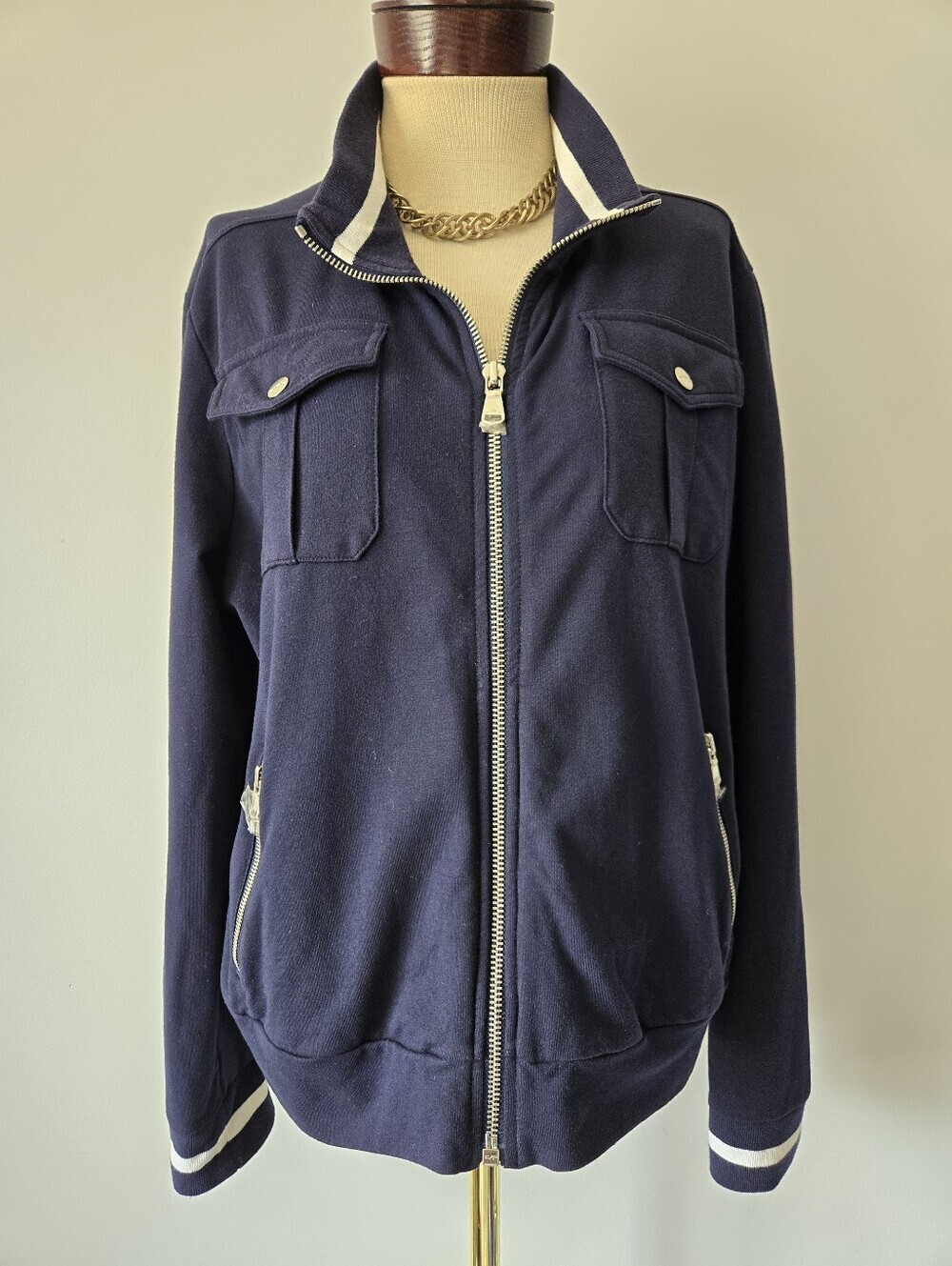 Ralph Lauren Navy Zip Sweater with White Trim. Size XL